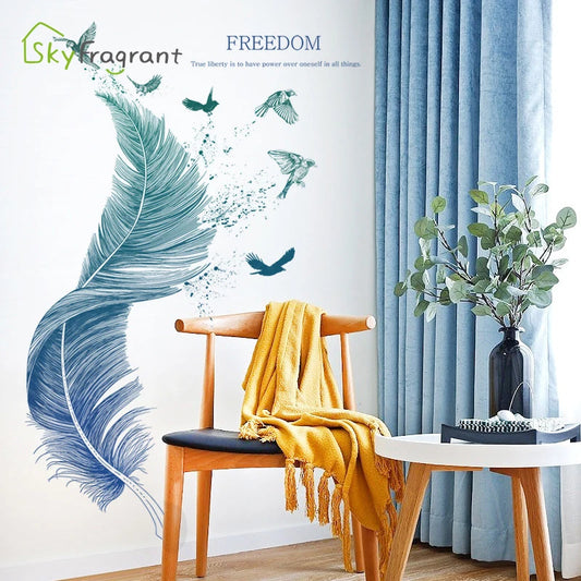 Creative Blue Feather Wall Stickers For Living Rooms Bedroom Background Wall Decoration Home Decor Self-Adhesive Vinyl Sticker