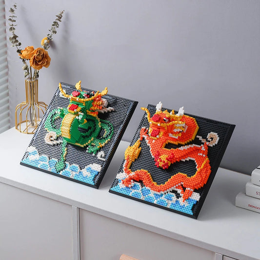 Elephant 3D DIY Building Blocks Loog Dragon Tiger Deer Elk Animal Head Wall Painting Home Mini Diamond Bricks Kids Toy Boys Gift