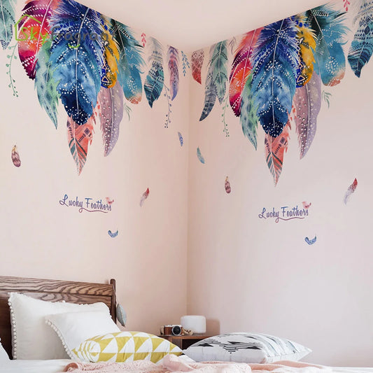 Dreamlike Colorful Feather Wall Stickers For Living Rooms Bedroom Wardrobe Home Wall Decoration Creative Vinyl Sticker Wallpaper