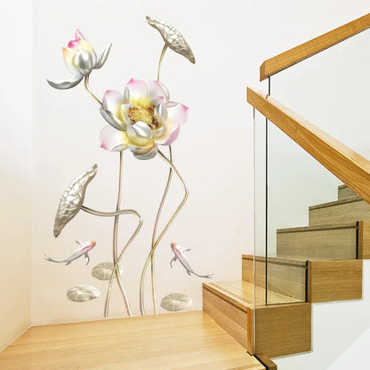 Embossed Lotus Koi Chinese Style Bedroom Living Room Porch Home Wall Decoration Wall Stickers Self-Adhesive