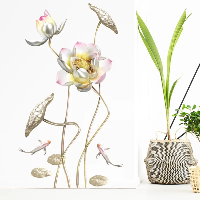 Embossed Lotus Koi Chinese Style Bedroom Living Room Porch Home Wall Decoration Wall Stickers Self-Adhesive