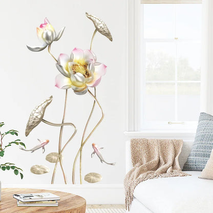 Embossed Lotus Koi Chinese Style Bedroom Living Room Porch Home Wall Decoration Wall Stickers Self-Adhesive