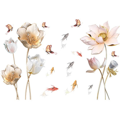 Embossed Lotus Koi Chinese Style Bedroom Living Room Porch Home Wall Decoration Wall Stickers Self-Adhesive