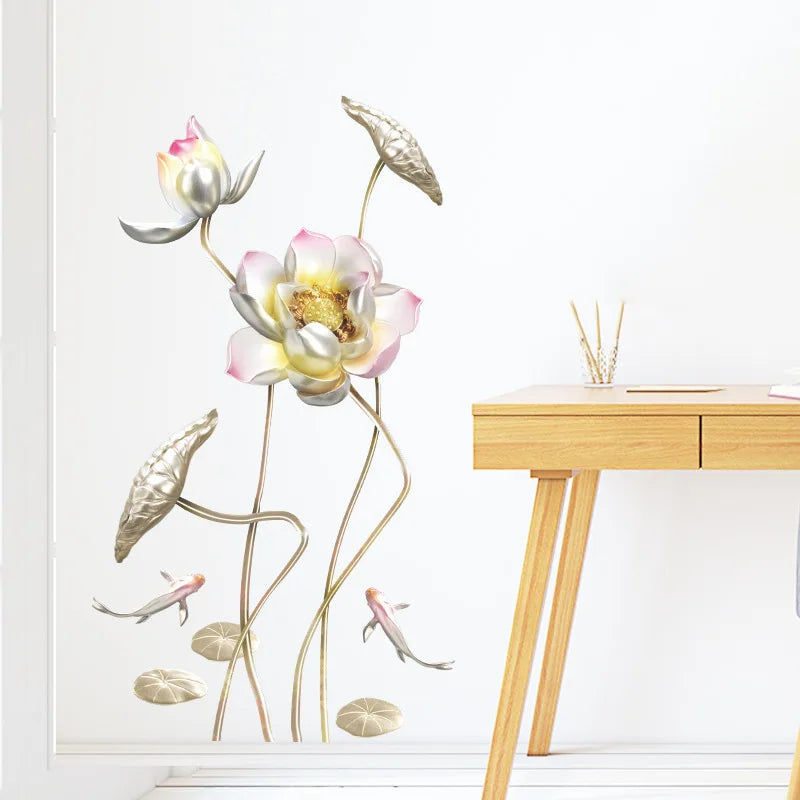 Embossed Lotus Koi Chinese Style Bedroom Living Room Porch Home Wall Decoration Wall Stickers Self-Adhesive