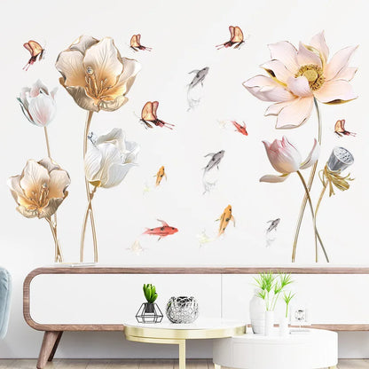 Embossed Lotus Koi Chinese Style Bedroom Living Room Porch Home Wall Decoration Wall Stickers Self-Adhesive