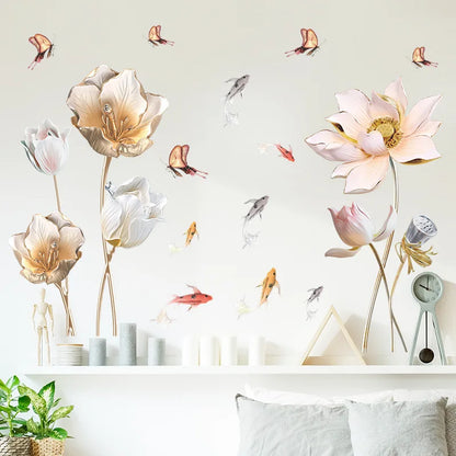 Embossed Lotus Koi Chinese Style Bedroom Living Room Porch Home Wall Decoration Wall Stickers Self-Adhesive