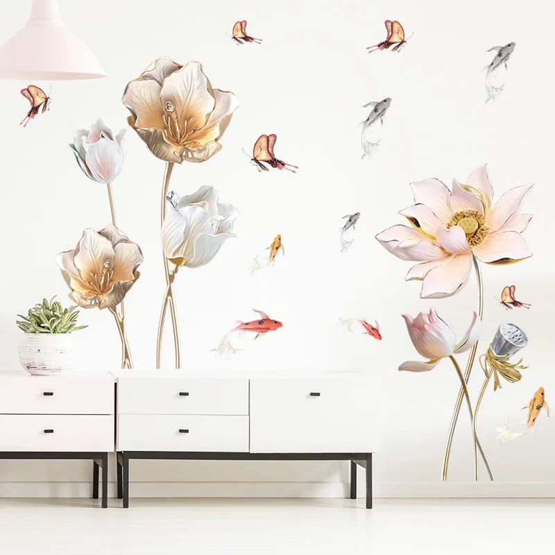 Embossed Lotus Koi Chinese Style Bedroom Living Room Porch Home Wall Decoration Wall Stickers Self-Adhesive