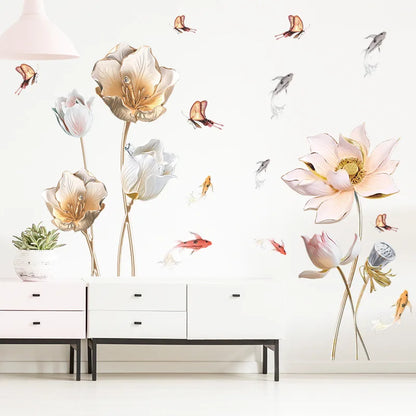 Embossed Lotus Koi Chinese Style Bedroom Living Room Porch Home Wall Decoration Wall Stickers Self-Adhesive