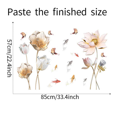 Embossed Lotus Koi Chinese Style Bedroom Living Room Porch Home Wall Decoration Wall Stickers Self-Adhesive