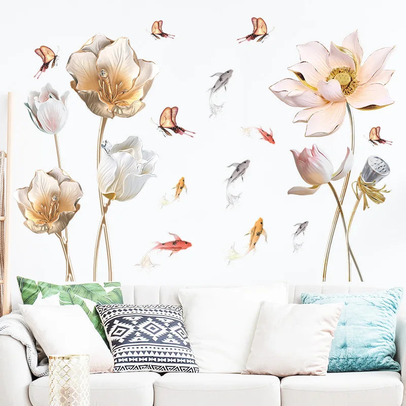 Embossed Lotus Koi Chinese Style Bedroom Living Room Porch Home Wall Decoration Wall Stickers Self-Adhesive