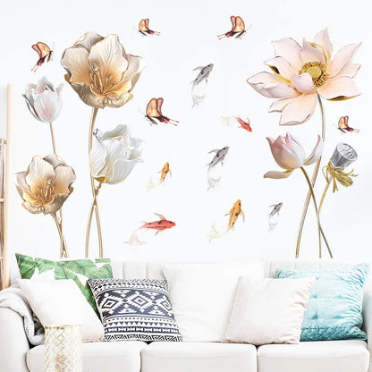 Embossed Lotus Koi Chinese Style Bedroom Living Room Porch Home Wall Decoration Wall Stickers Self-Adhesive