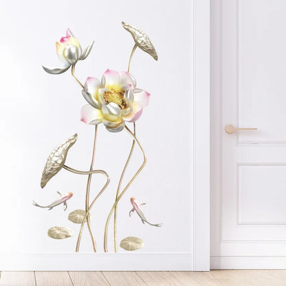 Embossed Lotus Koi Chinese Style Bedroom Living Room Porch Home Wall Decoration Wall Stickers Self-Adhesive