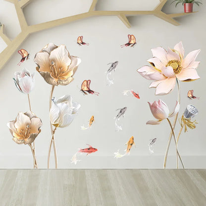 Embossed Lotus Koi Chinese Style Bedroom Living Room Porch Home Wall Decoration Wall Stickers Self-Adhesive